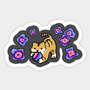 Omnisexual Flag of LGBTQ Support Tiger with Cute Flowers LGBTQ+ Pride Month Sticker